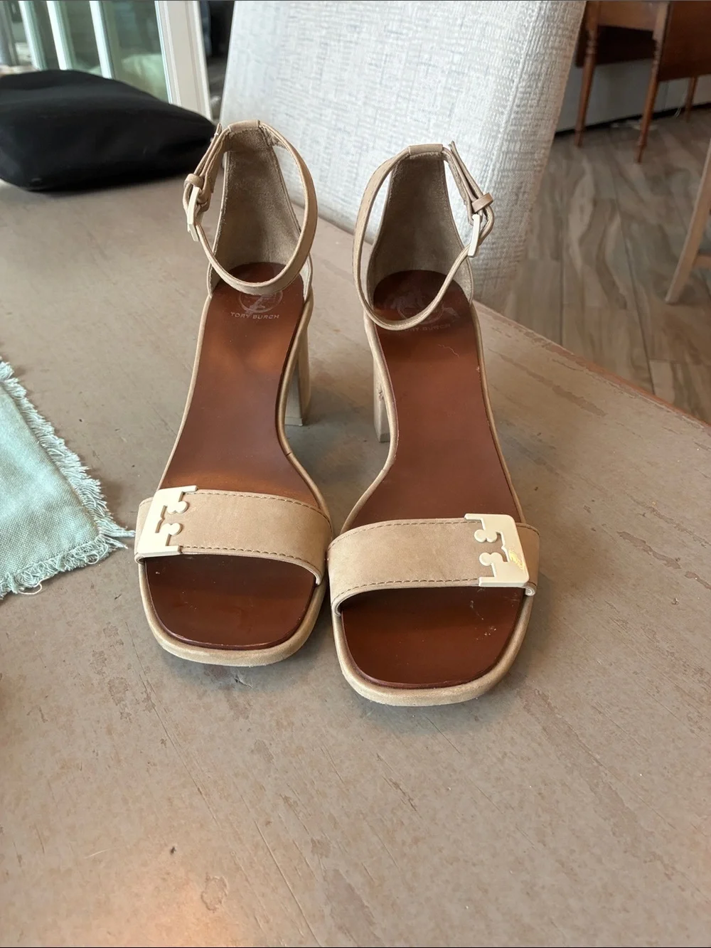 Tory Burch Taupe Suede Ankle-Strap Block Heel Sandals